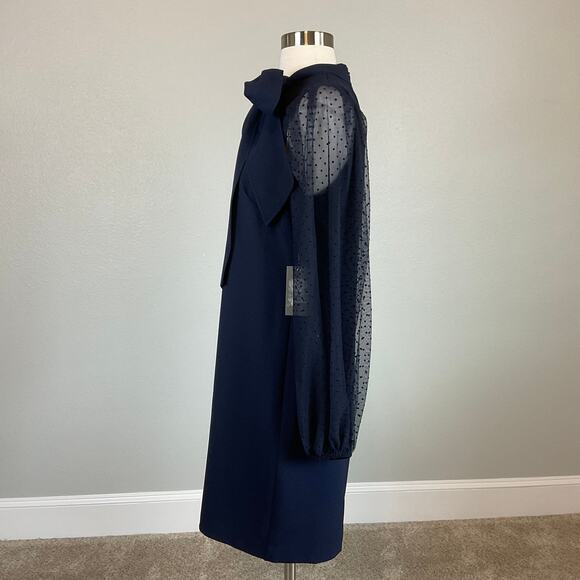 Vince Camuto Sheer Dot Long Sleeve Cocktail Dress Size 8 Blue Bow Halter Shift - Picture 5 of 13